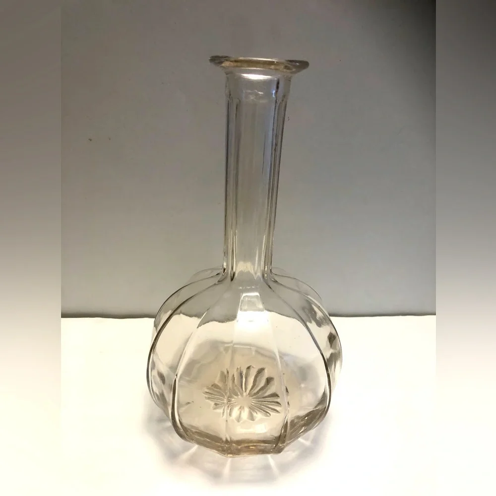 Vintage Decanter Bottle No Stopper Long Neck Ribbed Glass Curvy Flower Bottom